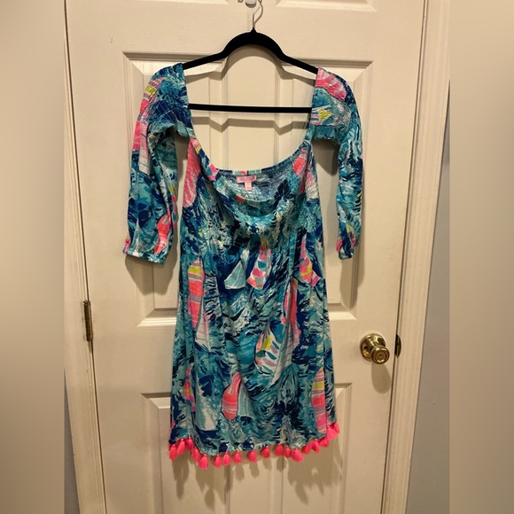 Lilly Pulitzer Trina Beach Mini Dress Tropical Print Pom Pom Detail Woman Large - Picture 9 of 15